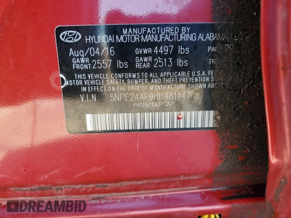 2017 Hyundai Sonata SE with VIN 5NPE24AF9HH481147, listed as a Copart auction lot 45324455 with Not Provided miles and Non Repairable. Bid and sale history available at carsss.com. Image 12.