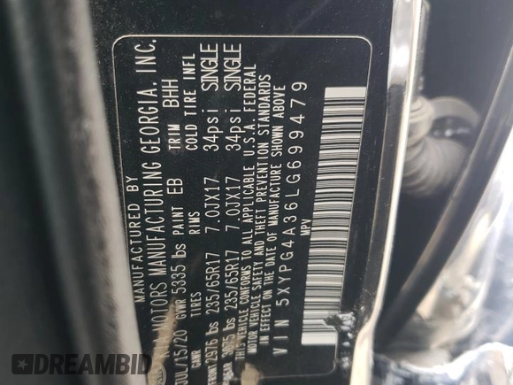 2020 Kia Sorento LX with VIN 5XYPG4A36LG699479, listed as a Copart auction lot 50773325 with 53,025 mi miles and Salvage Title. Bid and sale history available at DreamBid. Image 14.