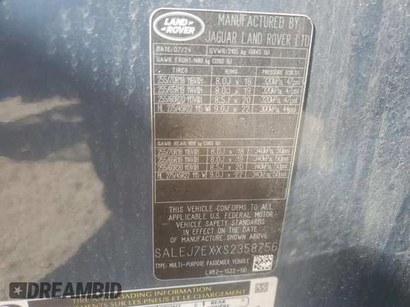 2025 Land Rover Defender S with VIN SALEJ7EXXS2358756, listed as a Copart auction lot 58084165 with 10,919 mi miles and Salvage title. Bid and sale history available at DreamBid. Image 14.