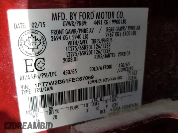 2015 Ford F-250 Lariat z VIN 1FT7W2B61FEC67069, wystawiony jako Copart lot #50403585 z przebiegiem 92 364 mil mil oraz Szkoda całkowita • Salvage title. Historia ofert i sprzedaży dostępna na DreamBid. Obrazek 14.