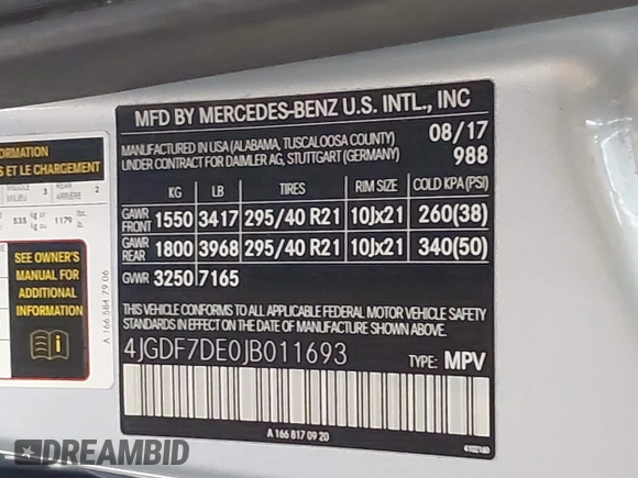 2018 Mercedes-Benz GLS 550 with VIN 4JGDF7DE0JB011693, listed as a IAAI auction lot 41190111 with 38,746 mi miles and . Bid and sale history available at DreamBid. Image 9.