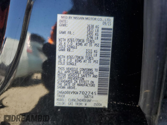 2016 Nissan Frontier S with VIN 1N6AD0EV9GN702745, listed as a Copart auction lot 58857805 with 87,757 mi miles and Salvage title. Bid and sale history available at DreamBid. Image 12.