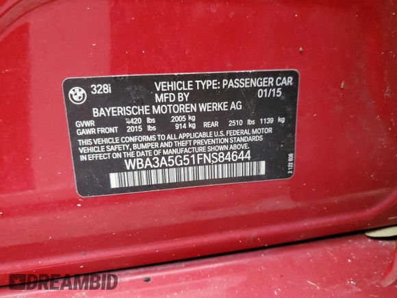 2015 BMW 3 Series 328i с VIN WBA3A5G51FNS84644, выставлен на аукционе Copart как лот 59848505 с пробегом Не указан миль и На запчасти • Non repairable. История ставок и продаж доступна на DreamBid. Изображение 13.