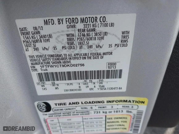 2013 Ford F-150 XL with VIN 1FTFW1CT9DKD02756, listed as a IAAI auction lot 40759592 with 218,975 mi miles. Bid and sale history available at carsss.com. Image 9.