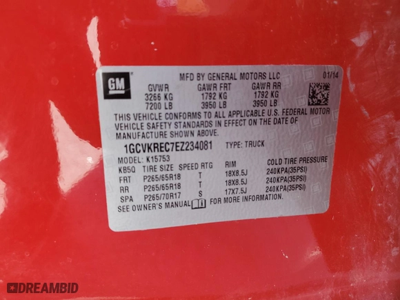 2014 Chevrolet Silverado 1500 LT with VIN 1GCVKREC7EZ234081, listed as a Copart auction lot 52953565 with 239,543 mi miles and Salvage Title. Bid and sale history available at carsss.com. Image 12.