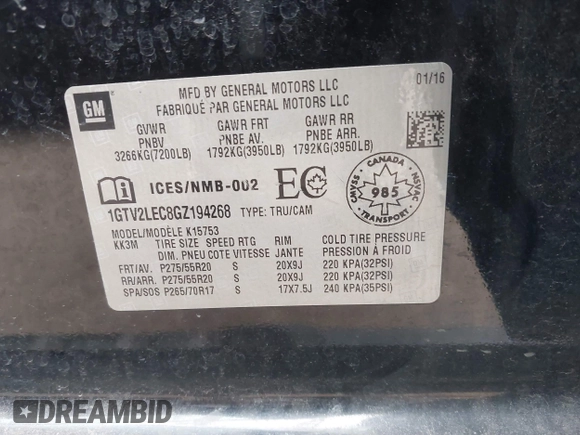 2016 GMC Sierra 1500 with VIN 1GTV2LEC8GZ194268, listed as a IAAI auction lot 41709649 with 165,142 mi miles and . Bid and sale history available at carsss.com. Image 9.