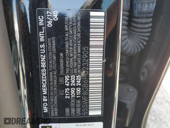 2017 Mercedes-Benz C 63 AMG with VIN 55SWF8GB6HU232905, listed as a Copart auction lot 52523195 with 78,396 mi miles and Salvage title. Bid and sale history available at DreamBid. Image 13.