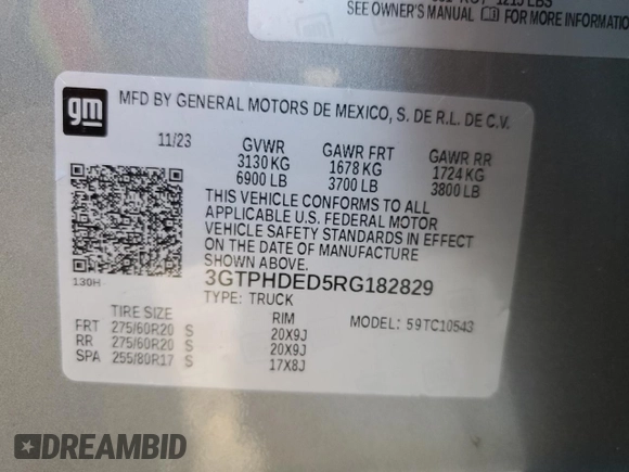 2024 GMC Sierra 1500 SLT with VIN 3GTPHDED5RG182829, listed as a Copart auction lot 49139635 with 28,792 mi miles and Salvage title. Bid and sale history available at DreamBid. Image 12.