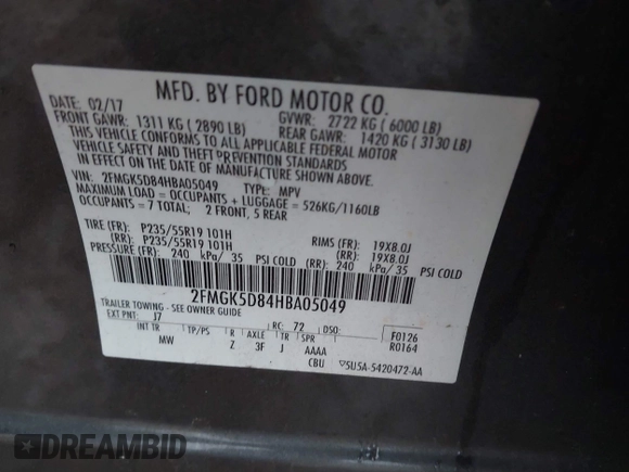 2017 Ford Flex Limited z VIN 2FMGK5D84HBA05049, wystawiony jako IAAI lot #41983079 z przebiegiem 128 052 mil mil oraz . Historia ofert i sprzedaży dostępna na DreamBid. Obrazek 9.