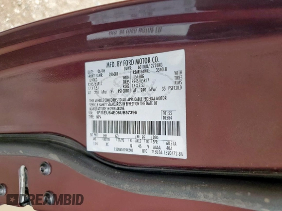 2006 Ford Explorer Eddie Bauer with VIN 1FMEU64E06UB57396, listed as a Copart auction lot 58712495 with 115,746 mi miles and Salvage title. Bid and sale history available at DreamBid. Image 13.