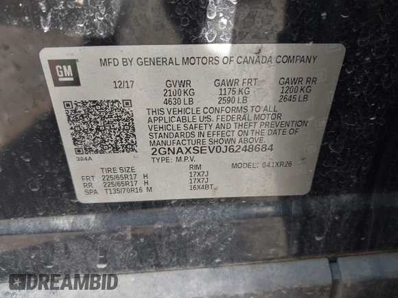 2018 Chevrolet Equinox LT with VIN 2GNAXSEV0J6248684, listed as a IAAI auction lot 41983808 with 121,191 mi miles and . Bid and sale history available at carsss.com. Image 9.