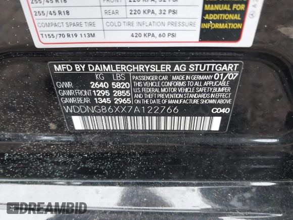 2007 Mercedes-Benz S 550 with VIN WDDNG86XX7A122766, listed as a IAAI auction lot 42375261 with 109,931 mi miles and . Bid and sale history available at DreamBid. Image 9.