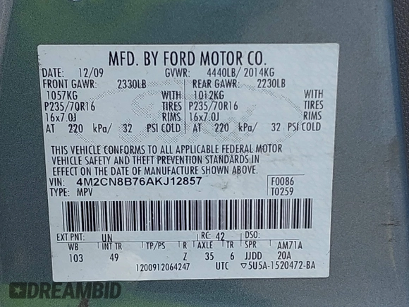 2010 Mercury Mariner с VIN 4M2CN8B76AKJ12857, выставлен на аукционе IAAI как лот 42575710 с пробегом 290 813 миль миль и . История ставок и продаж доступна на DreamBid. Изображение 9.