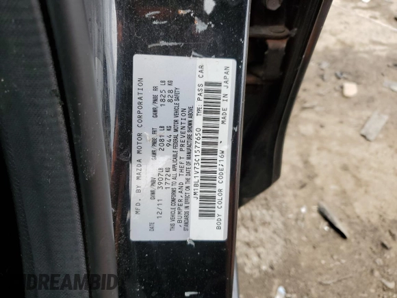 2012 Mazda 3 i Touring with VIN JM1BL1V73C1577650, listed as a Copart auction lot 48009835 with 154,197 mi miles and Salvage Title. Bid and sale history available at DreamBid. Image 12.