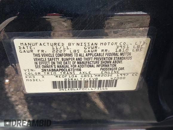 2012 Nissan Sentra SL z VIN 3N1AB6AP0CL673166, wystawiony jako IAAI lot #42754586 z przebiegiem 115 770 mil mil oraz . Historia ofert i sprzedaży dostępna na DreamBid. Obrazek 9.