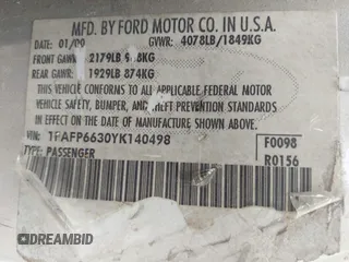 2000 Ford Contour SE Fleet с VIN 1FAFP6630YK140498, выставлен на аукционе IAAI как лот 42201222 с пробегом 264 655 миль миль и . История ставок и продаж доступна на DreamBid. Изображение 9.