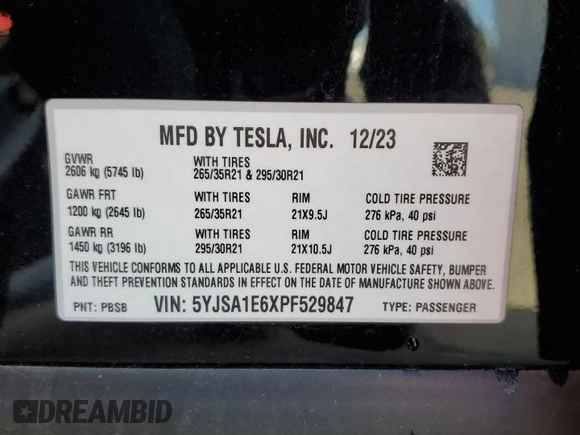 2023 Tesla Model S Plaid with VIN 5YJSA1E6XPF529847, listed as a Copart auction lot 48903675 with Not provided miles and Salvage title. Bid and sale history available at DreamBid. Image 14.