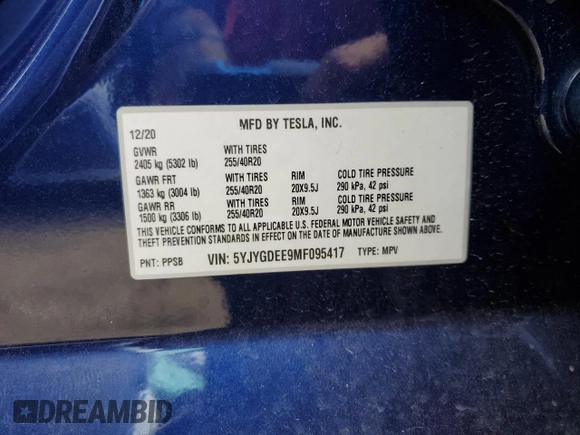 2021 Tesla Model Y Long Range with VIN 5YJYGDEE9MF095417, listed as a Copart auction lot 52960515 with 39,528 mi miles and Salvage Title. Bid and sale history available at DreamBid. Image 13.