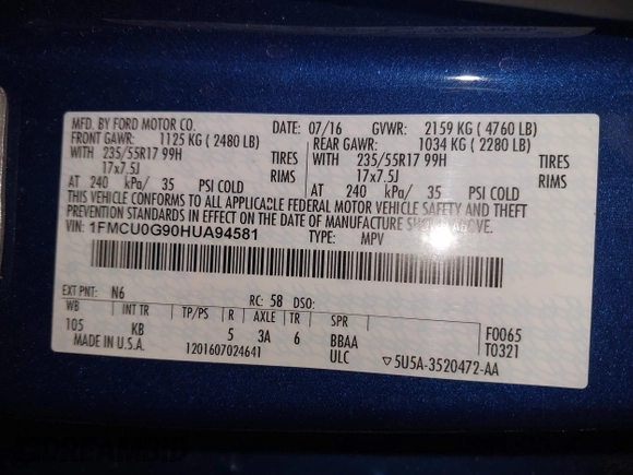 2017 Ford Escape SE z VIN 1FMCU0G90HUA94581, wystawiony jako IAAI lot #41396965 z przebiegiem 104 978 mil mil oraz . Historia ofert i sprzedaży dostępna na DreamBid. Obrazek 9.