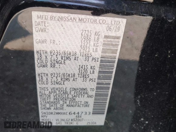 2019 Nissan Pathfinder S с VIN 5N1DR2MMXKC644733, выставлен на аукционе IAAI как лот 42438291 с пробегом 83 676 миль миль и . История ставок и продаж доступна на DreamBid. Изображение 9.