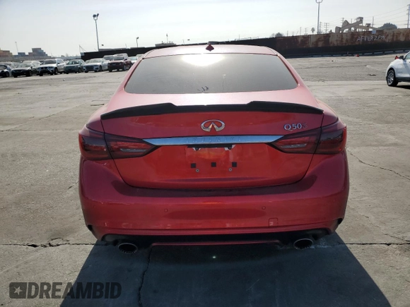 2020 Infiniti Q50 Red Sport 400 with VIN JN1FV7AP3LM630210, listed as a Copart auction lot 41796535 with 54,587 mi miles and Salvage title. Bid and sale history available at DreamBid. Image 6.