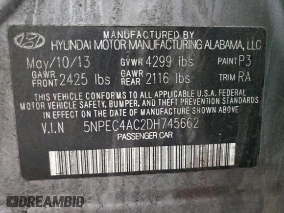 2013 Hyundai Sonata Limited with VIN 5NPEC4AC2DH745662, listed as a Copart auction lot 55938605 with 194,328 mi miles and Clean Title. Bid and sale history available at DreamBid. Image 13.