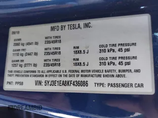 2019 Tesla Model 3 Mid Range with VIN 5YJ3E1EA8KF436086, listed as a IAAI auction lot 41682093 with 70,332 mi miles and . Bid and sale history available at DreamBid. Image 9.