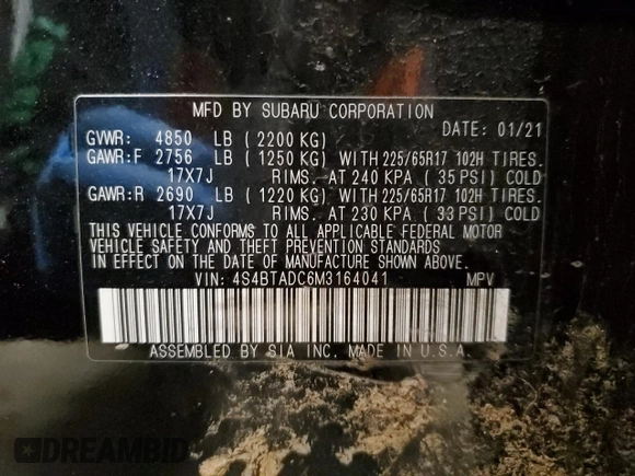 2021 Subaru Outback Premium with VIN 4S4BTADC6M3164041, listed as a Copart auction lot 46569375 with 77,217 mi miles and Salvage Title. Bid and sale history available at DreamBid. Image 14.