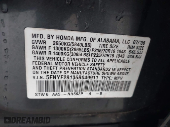 2006 Honda Pilot LX z VIN 5FNYF28136B049911, wystawiony jako IAAI lot #41463064 z przebiegiem 233 734 mil mil oraz . Historia ofert i sprzedaży dostępna na DreamBid. Obrazek 9.