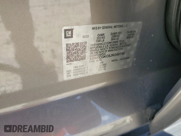 2018 Chevrolet Suburban LS z VIN 1GNSCGKC6JR249746, wystawiony jako Copart lot #55622105 z przebiegiem 126 378 mil mil oraz Szkoda całkowita • Salvage title. Historia ofert i sprzedaży dostępna na DreamBid. Obrazek 13.
