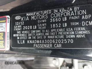 2013 Kia Rio LX with VIN KNADM4A30D6202570, listed as a IAAI auction lot 41215769 with Not Provided miles and . Bid and sale history available at DreamBid. Image 9.