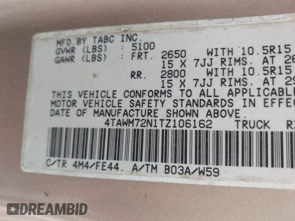 1996 Toyota Tacoma with VIN 4TAWM72N1TZ106162, listed as a IAAI auction lot 42056780 with 241,430 mi miles and . Bid and sale history available at DreamBid. Image 9.