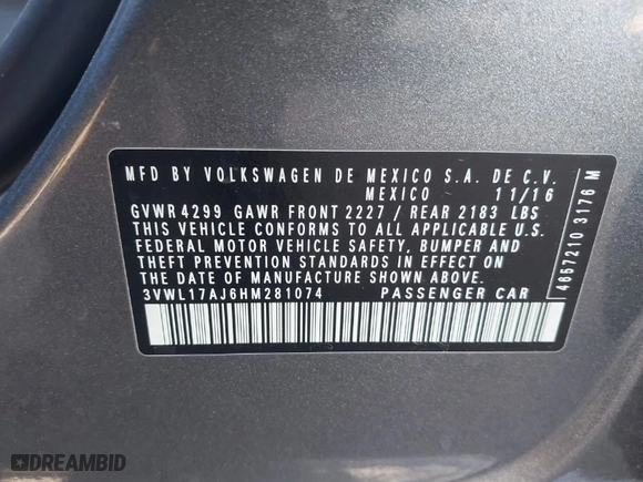 2017 Volkswagen Jetta 1.8T SEL with VIN 3VWL17AJ6HM281074, listed as a IAAI auction lot 41400192 with 43,407 mi miles. Bid and sale history available at carsss.com. Image 9.