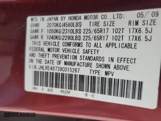 2009 Honda CR-V EX-L with VIN JHLRE48739C015267, listed as a Copart auction lot 53178785 with 207,713 mi miles and Salvage Title. Bid and sale history available at carsss.com. Image 14.
