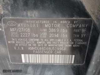 2008 Hyundai Elantra GLS with VIN KMHDU46D48U519964, listed as a IAAI auction lot 41793502 with 231,800 mi miles. Bid and sale history available at carsss.com. Image 9.