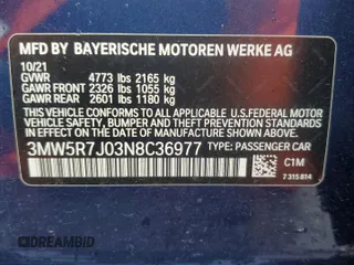 2022 BMW 3 Series 330i xDrive with VIN 3MW5R7J03N8C36977, listed as a Copart auction lot 53891745 with 14,938 mi miles and Salvage title. Bid and sale history available at DreamBid. Image 12.