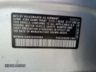 2012 Volkswagen CC Lux z VIN WVWHN7ANXCE550689, wystawiony jako Copart lot #44375555 z przebiegiem 108 156 mil mil oraz Czysty tytuł • Clean title. Historia ofert i sprzedaży dostępna na DreamBid. Obrazek 12.