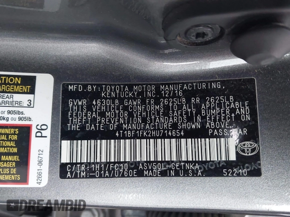 2017 Toyota Camry XLE with VIN 4T1BF1FK2HU714654, listed as a IAAI auction lot 41852758 with 137,016 mi miles. Bid and sale history available at carsss.com. Image 9.
