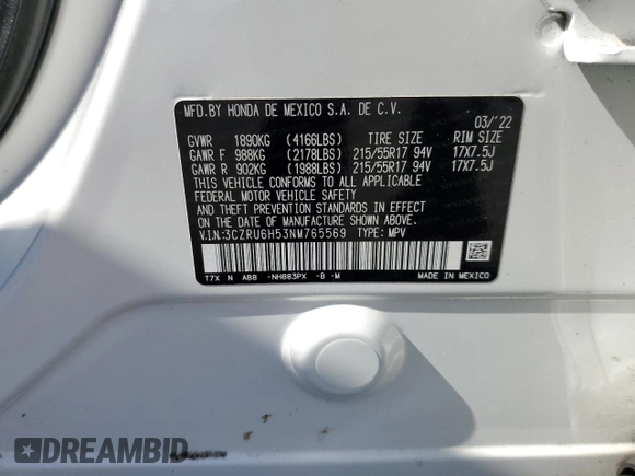 2022 Honda HR-V EX with VIN 3CZRU6H53NM765569, listed as a Copart auction lot 53507074 with 52,180 mi miles and Salvage Title. Bid and sale history available at carsss.com. Image 14.