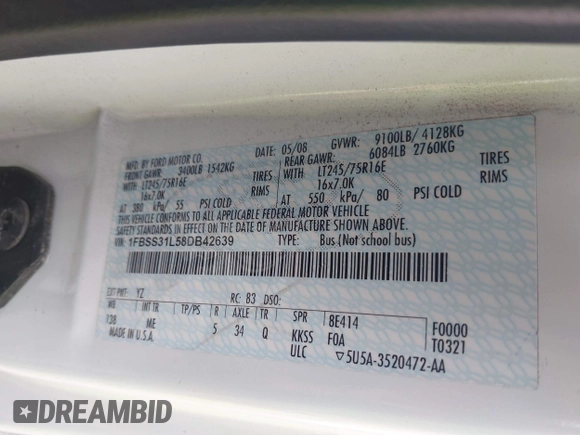 2008 Ford Econoline Passenger XL with VIN 1FBSS31L58DB42639, listed as a IAAI auction lot 41301281 with 122,582 mi miles and . Bid and sale history available at DreamBid. Image 9.