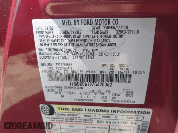 2007 Ford Freestyle Limited z VIN 1FMDK06197GA20062, wystawiony jako IAAI lot #42391750 z przebiegiem 119 404 mil mil oraz . Historia ofert i sprzedaży dostępna na DreamBid. Obrazek 9.