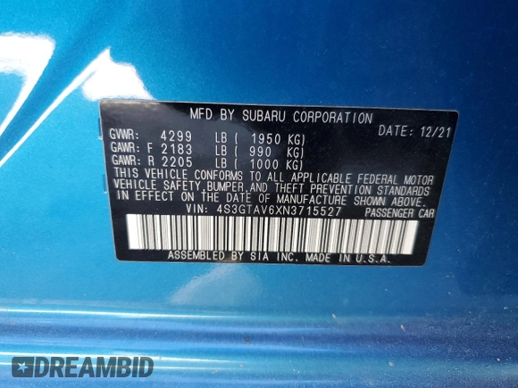 2022 Subaru Impreza Premium с VIN 4S3GTAV6XN3715527, выставлен на аукционе Copart как лот 49606845 с пробегом Не указан миль и На запчасти • Non repairable. История ставок и продаж доступна на DreamBid. Изображение 16.