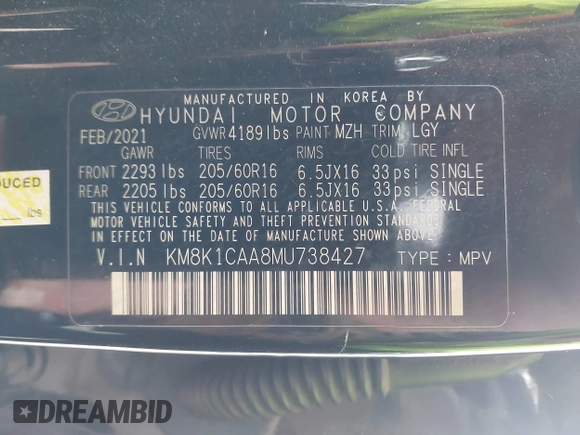 2021 Hyundai Kona SE z VIN KM8K1CAA8MU738427, wystawiony jako IAAI lot #41898475 z przebiegiem 53 112 mil mil oraz . Historia ofert i sprzedaży dostępna na DreamBid. Obrazek 9.