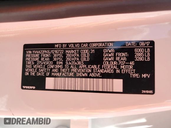 2018 Volvo XC90 Momentum z VIN YV4A22PK6J1216722, wystawiony jako Copart lot #51668285 z przebiegiem 69 136 mil mil oraz Szkoda całkowita • Salvage title. Historia ofert i sprzedaży dostępna na DreamBid. Obrazek 14.