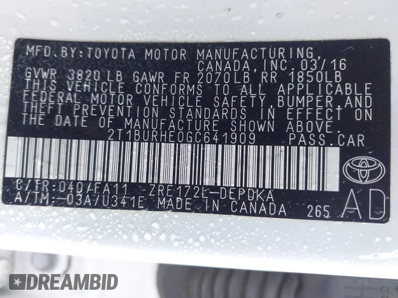 2016 Toyota Corolla L z VIN 2T1BURHE0GC641909, wystawiony jako IAAI lot #42583396 z przebiegiem 124 790 mil mil oraz . Historia ofert i sprzedaży dostępna na DreamBid. Obrazek 9.