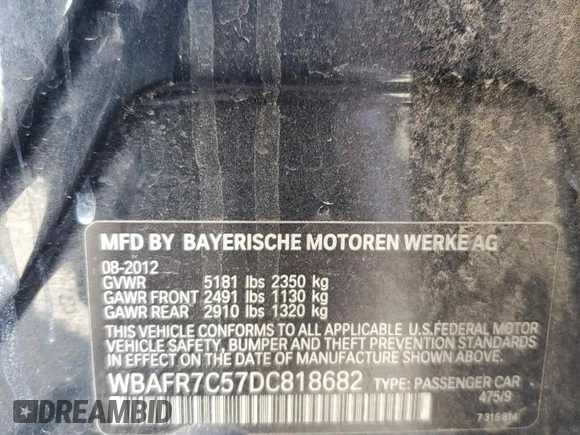 2013 BMW 5 Series 535i with VIN WBAFR7C57DC818682, listed as a Copart auction lot 46553845 with 152,962 mi miles and Clean Title. Bid and sale history available at DreamBid. Image 12.