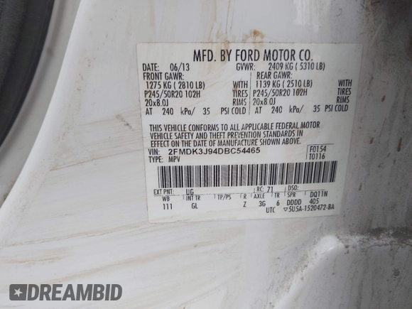 2013 Ford Edge SEL with VIN 2FMDK3J94DBC54465, listed as a IAAI auction lot 41686747 with 172,487 mi miles. Bid and sale history available at carsss.com. Image 9.
