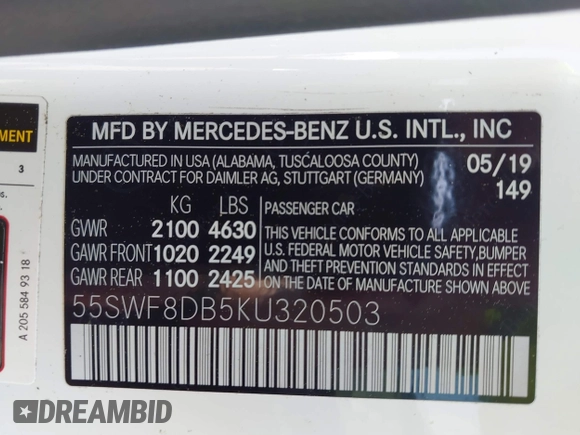 2019 Mercedes-Benz C 300 with VIN 55SWF8DB5KU320503, listed as a IAAI auction lot 41997619 with 77,912 mi miles and . Bid and sale history available at DreamBid. Image 9.