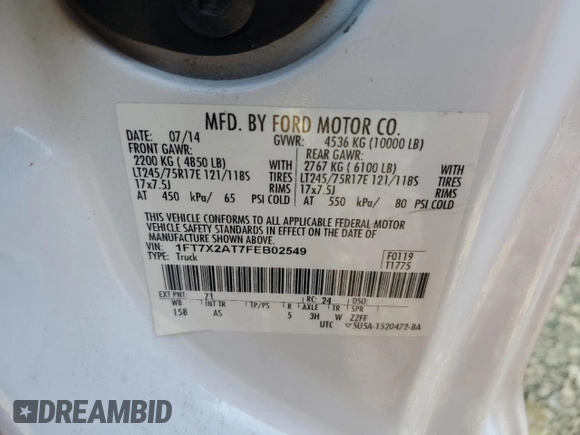 2015 Ford F-250 XLT with VIN 1FT7X2AT7FEB02549, listed as a Copart auction lot 86970034 with 130,042 mi miles and Salvage title. Bid and sale history available at DreamBid. Image 14.