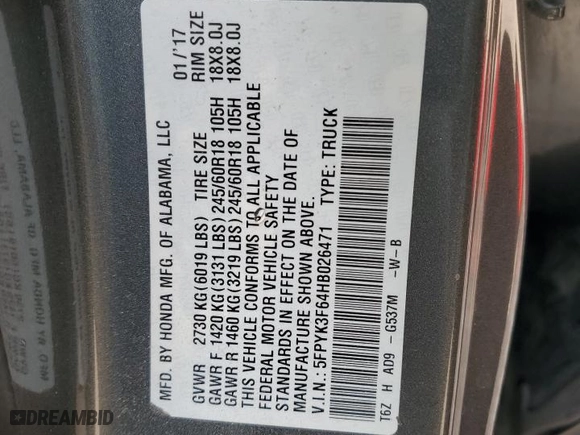 2017 Honda Ridgeline RTL-T with VIN 5FPYK3F64HB026471, listed as a Copart auction lot 50166105 with 143,610 mi miles and Salvage Title. Bid and sale history available at carsss.com. Image 12.